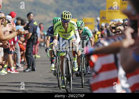 Der spanische Alberto Contador von Tinkoff wurde während der achten Etappe des Radrennen Vuelta 71. in Aktion gezeigt, 181,5 km von Villalpando nach La Camperona, Spanien, Samstag, 27. August 2016. Stockfoto