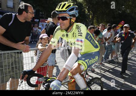 Der spanische Alberto Contador von Tinkoff wurde während der dreizehnten Etappe des Radrennen Vuelta 71., 213,4 km von Bilbao bis Urdax-Dantxarinea, Spanien, am Freitag, den 02. September 2016, fotografiert. Stockfoto