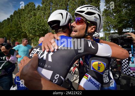 Belgischer Tom Boonen vom Team Etixx – Quick-Step feiert nach dem Gewinn des Radrennens „Brussels Cycling Classic“ 4., 199,3 km von und nach Brüssel, Samstag, 03. September 2016. Stockfoto