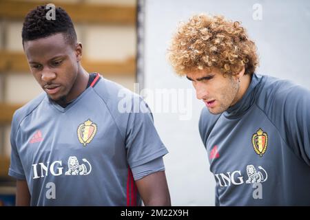 Divock Origi aus Belgien und Marouane Fellaini aus Belgien wurden am Samstag, den 03. September 2016, in Brüssel während eines Trainings der belgischen Fußballnationalmannschaft Red Devils fotografiert. Stockfoto
