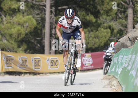 Schweizer Mathias Frank vom IAM-Radfahren, das während der siebzehnten Etappe des 71.. Auftrages des Radrennen Vuelta, 177,5 km von Castellon nach Llucena, Spanien, Mittwoch, 07. September 2016, abgebildet wurde. BELGA FOTO YUZURU SUNADA Stockfoto