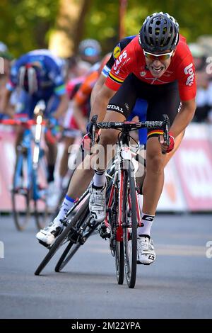 Der französische Tony Gallopin von Lotto Soudal springt für das Ende der 56.. Ausgabe des eintägigen Grand Prix de Wallonie-Radrennen, 205,5 km von Beaufays zur Zitadelle von Namur, Mittwoch, 14. September 2016. Stockfoto