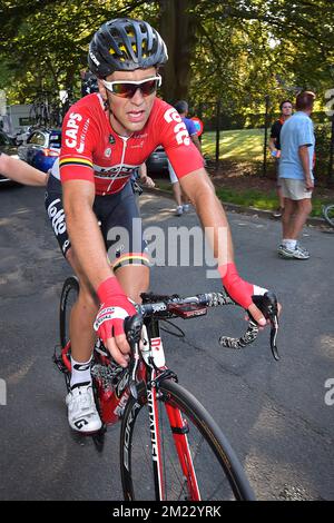 Der französische Tony Gallopin von Lotto Soudal wurde nach dem Gewinn des eintägigen Grand Prix de Wallonie-Radrennen 56., 205,5 km von Beaufays zur Zitadelle von Namur, Mittwoch, 14. September 2016, fotografiert. Stockfoto