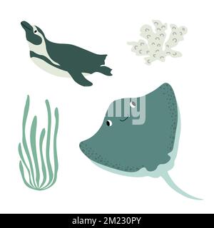 Süße Vektormeer mit Teufelsfischen, Pinguinen, Algen, Korallen. Unterwasser-Cartoon-Kreaturen. Meerestiere. Süße Illustration für Stoff, Kinder Stock Vektor