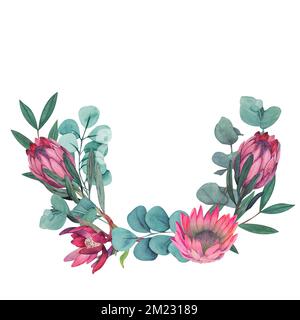 Handbemalter Kranz mit Aquarell-Magenta-protea-Blumen. Stockfoto