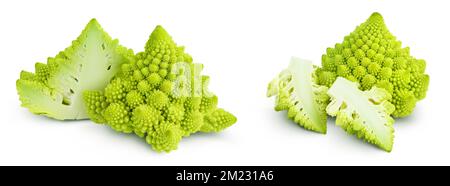 Romanesco-Brokkoli-Kohl oder römischer Blumenkohl, isoliert auf weißem Hintergrund und voller Feldtiefe Stockfoto