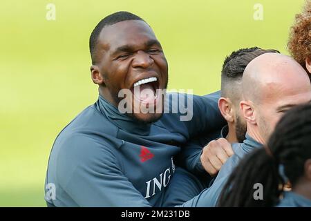 Der belgische Christian Benteke wurde während eines Trainings der belgischen Fußballnationalmannschaft Red Devils am Montag, den 03. Oktober 2016 in Tubize gezeigt. Das Team wird ein Freundschaftsspiel gegen Bosnien und Herzegowina und ein Qualifikationsspiel zur Weltmeisterschaft 2018 gegen Gibraltar spielen. BELGA FOTO BRUNO FAHY Stockfoto