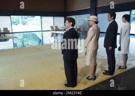 Der japanische Kronprinz Naruhito und die japanische Kronprinzessin Masako der japanische Premierminister Shinzo Abe und seine Frau Akie bildeten das Bild bei einem Treffen im Kaiserpalast am zweiten Tag eines Staatsbesuchs der belgischen Königsfamilie in Japan, Dienstag, den 11. Oktober 2016, in Tokio, Japan. BELGA-FOTOPOOL CHRISTOPHE LICOPPE Stockfoto