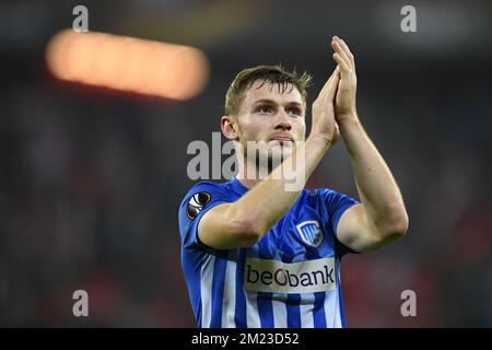 Genks Jakub Brabec wurde nach einem Fußballspiel zwischen dem Spanischen Club Athletic Bilbao und dem belgischen Team KRC Genk in Bilbao, Spanien, am Donnerstag, den 03. November 2016, dem vierten Spiel der Gruppenphase des Europa-League-Wettbewerbs in Gruppe F. BELGA PHOTO YORICK JANSENS, abgebildet Stockfoto