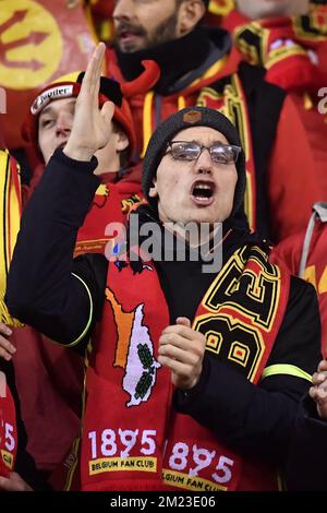 Die belgischen Fans bildeten sich am Sonntag, den 13. November 2016, in Brüssel bei einem Qualifikationsspiel für die Fußballweltmeisterschaft 2018 zwischen der belgischen Nationalmannschaft Red Devils und der estnischen Fußballmannschaft. Es ist das vierte Qualifikationsspiel und Belgien führte die Gruppe H mit drei Siegen in den ersten Spielen an. BELGA FOTO DIRK WAEM Stockfoto