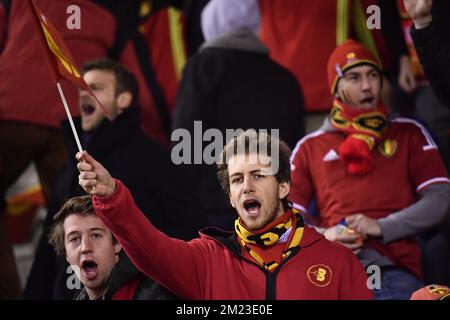 Die belgischen Fans bildeten sich am Sonntag, den 13. November 2016, in Brüssel bei einem Qualifikationsspiel für die Fußballweltmeisterschaft 2018 zwischen der belgischen Nationalmannschaft Red Devils und der estnischen Fußballmannschaft. Es ist das vierte Qualifikationsspiel und Belgien führte die Gruppe H mit drei Siegen in den ersten Spielen an. BELGA FOTO DIRK WAEM Stockfoto