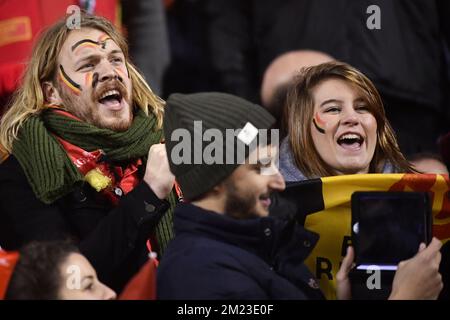 Die belgischen Fans bildeten sich am Sonntag, den 13. November 2016, in Brüssel bei einem Qualifikationsspiel für die Fußballweltmeisterschaft 2018 zwischen der belgischen Nationalmannschaft Red Devils und der estnischen Fußballmannschaft. Es ist das vierte Qualifikationsspiel und Belgien führte die Gruppe H mit drei Siegen in den ersten Spielen an. BELGA FOTO DIRK WAEM Stockfoto