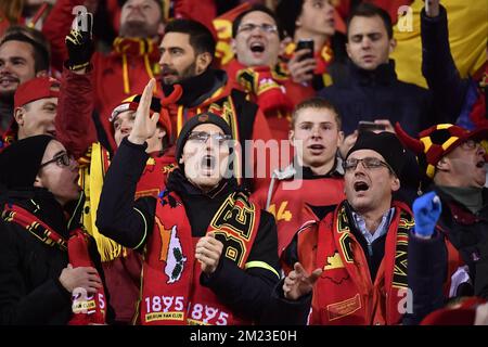 Die belgischen Fans bildeten sich am Sonntag, den 13. November 2016, in Brüssel bei einem Qualifikationsspiel für die Fußballweltmeisterschaft 2018 zwischen der belgischen Nationalmannschaft Red Devils und der estnischen Fußballmannschaft. Es ist das vierte Qualifikationsspiel und Belgien führte die Gruppe H mit drei Siegen in den ersten Spielen an. BELGA FOTO DIRK WAEM Stockfoto