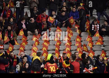 Die belgischen Fans bildeten sich am Sonntag, den 13. November 2016, in Brüssel bei einem Qualifikationsspiel für die Fußballweltmeisterschaft 2018 zwischen der belgischen Nationalmannschaft Red Devils und der estnischen Fußballmannschaft. Es ist das vierte Qualifikationsspiel und Belgien führte die Gruppe H mit drei Siegen in den ersten Spielen an. BELGA FOTO DIRK WAEM Stockfoto