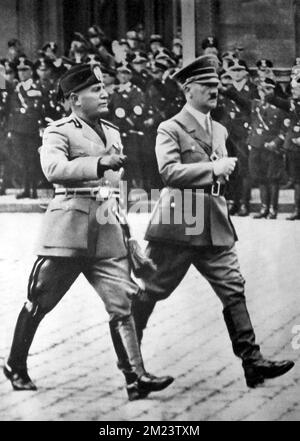 Mussolini with Adolf Hitler. Benito Mussolini, Benito Amilcare Andrea Mussolini (1883 – 1945) Italian politician who founded and led the National Fascist Party. He was Prime Minister of Italy from 1922 until his deposition in 1943, and 'Duce' of Italian Fascism from the establishment of the Italian Fasces of Combat in 1919 until his execution in 1945 by Italian partisans. Stock Photo