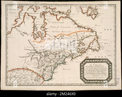 Le Canada, ou Nouvelle France, &c : ce qui est le plus Advance vers le Septentrion est tiré de Diverses Relations des Anglois, Danois, &c. Vers le midy les costes de Virginie, Nouvlle. Wildleder, Nouveau Pays Bas, et Nouvelle Angleterre sont tirées de Celles des Anglois, Hollandois, &c. la grande riviere de Canada ou de St Laurens, et toue les environs sont suivant les Relations des Francois , Nordamerika, Karten, frühe Arbeiten bis 1800, Kanada, Karten, frühe Arbeiten bis 1800, Great Lakes Region Nordamerika, Karten, frühe Arbeiten bis 1800 Norman B. Leventhal Map Center Collection Stockfoto