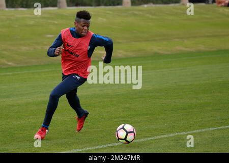 Terry Osei Berkoe des Clubs wurde am zweiten Tag des Wintertrainingslagers des belgischen Fußballteams Club Brügge in Sotogrande, Spanien, am Freitag, den 06. Januar 2017 in Aktion gezeigt. BELGA FOTO BRUNO FAHY Stockfoto