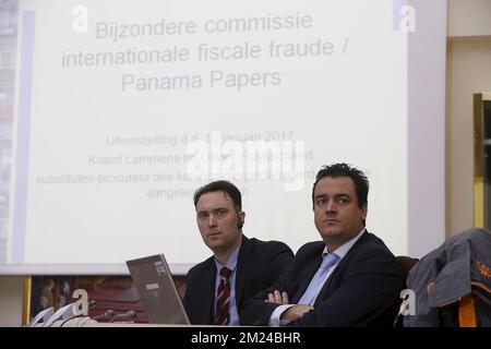 Olivier Ruysschaert und Kristof Lammens wurden auf einer Sitzung der Sonderkammer der kommission für internationalen Steuerbetrug im Zusammenhang mit den Panama Papers im bundesparlament am Dienstag, den 10. Januar 2017, in Brüssel abgebildet. BELGA FOTO NICOLAS MAETERLINCK Stockfoto