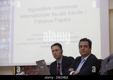 Olivier Ruysschaert und Kristof Lammens wurden auf einer Sitzung der Sonderkammer der kommission für internationalen Steuerbetrug im Zusammenhang mit den Panama Papers im bundesparlament am Dienstag, den 10. Januar 2017, in Brüssel abgebildet. BELGA FOTO NICOLAS MAETERLINCK Stockfoto