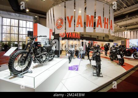 Illustration picture shows the Yamaha stand at the opening of the 95th edition of the European Motor Show Brussels, at Brussels Expo, on Friday 13 January 2017, in Brussels. BELGA PHOTO NICOLAS LAMBERT Stock Photo