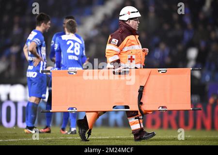 Illustration picture shows a Red Cross worker with a stretcher during the Jupiler Pro League match between KRC Genk and KV Kortrijk, in Genk, Tuesday 24 January 2017, on day 23 of the Belgian soccer championship. BELGA PHOTO YORICK JANSENS Stock Photo