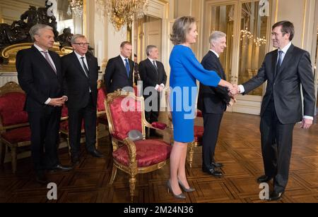 Vice-Prime Minister and Foreign Minister Didier Reynders, European Commission President Jean-Claude Juncker, European Council President Donald Tusk, European Parliament President Antonio Tajani, Queen Mathilde and King Philippe - Filip of Belgium welcome Belgian Chairman to European Affairs Francois Roux prior a New Year's reception organized by the Royal Family for the European Authorities, at the Royal Palace, in Brussels, Wednesday 25 January 2017. BELGA PHOTO BENOIT DOPPAGNE Stock Photo