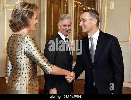 Queen Mathilde of Belgium, King Philippe - Filip of Belgium and NATO Secretary General Jens Stoltenberg pictured during a New Year's reception organized by the Royal Family for the NATO permanent representatives and Shape officers, at the Royal Palace, in Brussels, Thursday 26 January 2017. BELGA PHOTO ERIC LALMAND Stock Photo