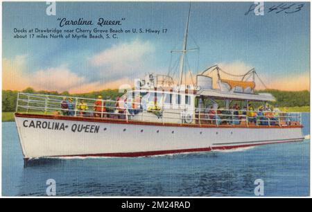 „Carolina Queen“ legt an der Zugbrücke nahe Cherry Grove Beach auf der U.S. an Hiway 17 etwa 17 Meilen nördlich von Myrtle Beach, S. C. , Boats, Tichnor Brothers Collection, Postkarten der Vereinigten Staaten Stockfoto