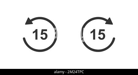 Symbole für 15 Sekunden vor- und Rücklauf. Runde Schaltflächen „Wiederholen“ und „Weiter“ mit isolierten Kreispfeilen auf weißem Hintergrund. Wiedergabeelemente für Audio- oder Videoplayer. Grafische Vektordarstellung Stock Vektor