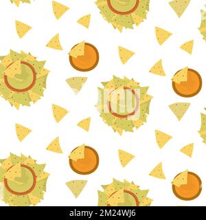 Endloses Muster mit bunten Maischips und verschiedenen Saucen im Cartoon-Stil. Mexikanisches Essen. Isolieren. Geeignet für Web, Tapeten, Poster, Karten oder Einladungen, Etiketten, Speisekarte für Bars oder Restaurants. EPS Stock Vektor