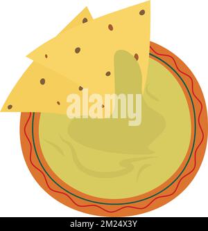 Traditionelle mexikanische Guacamole-Sauce in grünen Farbtönen und 2 Nachos-Corn-Chips in einer Schüssel im Cartoon-Stil. Mexikanisches Essen. Aufkleber. Symbol. Isolieren. Geeignet für Banner, Logos, Karten, Einladungen, Etiketten oder Tags. EPS Stock Vektor