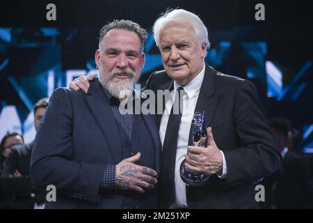 actor-director Bouli Lanners and Andre Dussollier pictured during the 7th edition of the Magritte du Cinema awards ceremony, Saturday 04 February 2017, in Brussels. The awards are rewarded to movies of Belgian French-speaking producers. BELGA PHOTO LAURIE DIEFFEMBACQ Stock Photo