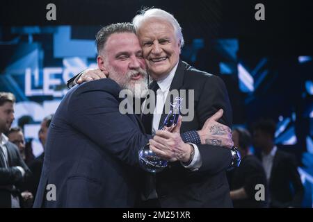 actor-director Bouli Lanners and Andre Dussollier pictured during the 7th edition of the Magritte du Cinema awards ceremony, Saturday 04 February 2017, in Brussels. The awards are rewarded to movies of Belgian French-speaking producers. BELGA PHOTO LAURIE DIEFFEMBACQ Stock Photo