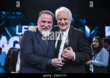 actor-director Bouli Lanners and Andre Dussollier pictured during the 7th edition of the Magritte du Cinema awards ceremony, Saturday 04 February 2017, in Brussels. The awards are rewarded to movies of Belgian French-speaking producers. BELGA PHOTO LAURIE DIEFFEMBACQ Stock Photo