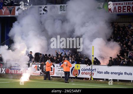 Genk's supporters pictured at the start of the Jupiler Pro League match between Sint-Truidense V.V. and KRC Genk, in Sint-Truiden, Friday 10 February 2017, on day 26 of the Belgian soccer championship. BELGA PHOTO YORICK JANSENS Stock Photo