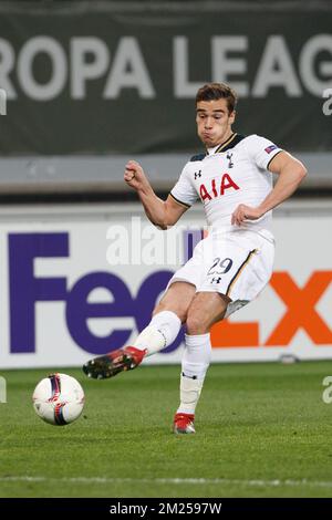 Tottenham's midfielder Harry Winks fights for the ball during a game between Belgian soccer team KAA Gent and British team Tottenham, first-leg of the 1/16 finals of the Europa League competition, Thursday 16 February 2017, in Gent. BELGA PHOTO KURT DESPLENTER Stock Photo