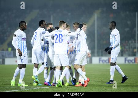 Genk's players celebrate during a first leg game between Romanian Club Astra Giurgiu and Belgian soccer team RC Genk in the 1/16 finals of the Europa League competition on Thursday 16 February 2017, in Giurgiu, Romania. BELGA PHOTO YORICK JANSENS Stock Photo