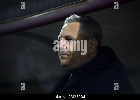 Astra Giurgiu's head coach Marius Sumudica pictured before the start of a first leg game between Romanian Club Astra Giurgiu and Belgian soccer team RC Genk in the 1/16 finals of the Europa League competition on Thursday 16 February 2017, in Giurgiu, Romania. BELGA PHOTO YORICK JANSENS Stock Photo