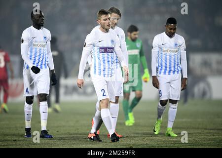 Jakub Brabec von Genk wurde nach einem ersten Spiel zwischen dem rumänischen Verein Astra Giurgiu und der belgischen Fußballmannschaft RC Genk im Finale 1/16 des Europa-League-Wettbewerbs am Donnerstag, den 16. Februar 2017, in Giurgiu, Rumänien, abgebildet. BELGA FOTO YORICK JANSENS Stockfoto