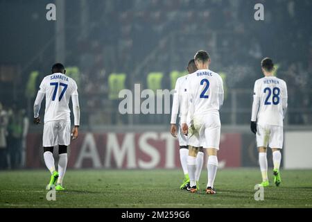 Genk's Mwbana Ally Samatta, Genk's Jakub Brabec and Genk's Bryan Heynen pictured after a first leg game between Romanian Club Astra Giurgiu and Belgian soccer team RC Genk in the 1/16 finals of the Europa League competition Thursday 16 February 2017, in Giurgiu, Romania. BELGA PHOTO YORICK JANSENS Stock Photo