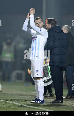 Thomas Buffel von Genk wurde bei einem Spiel der ersten Etappe zwischen dem rumänischen Verein Astra Giurgiu und der belgischen Fußballmannschaft RC Genk im Finale der Europa League am Donnerstag, den 16. Februar 2017, in Giurgiu, Rumänien, 1/16 vorgestellt. BELGA FOTO YORICK JANSENS Stockfoto