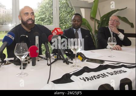 Anthony Vanden Borre, Coco Nkongolo und Pierre Rousseau wurden am Donnerstag, den 02. März 2017, auf einer Pressekonferenz über die Karriere von Anthony Vanden Borre in Brüssel fotografiert. BELGA FOTO FILIP DE SMET Stockfoto