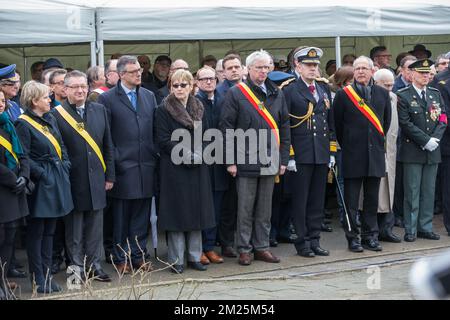 Sijsele's Mayor Joachim Coens, UK ambassador in Belgium, Alison Rose, Flemish Minister of Mobility, Public Works, Flemish municipalities around Brussels, Animal Welfare Ben Weyts, West-Flanders province governor Carl Decaluwe, Rear Admiral Michel Hofman and Brugge's Mayor Renaat Landuyt pictured during a tribute ceremony for the 30th anniversary of the Herald of Free Enterprise ferry disaster, on Monday 06 March 2017 in Zeebrugge. On 6 March 1987 the ferry left the harbor of Zeebrugge, bound for Dover with more than 450 passengers and 80 crew members on board. It capsized just outside the harb Stock Photo