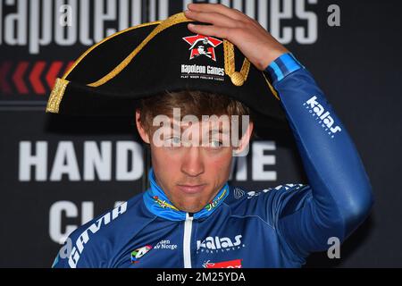 Norwegische Kristoffer Halvorsen feiert auf dem Podium nach dem 197,1 km langen Radrennen „Handzame Classic“ in Handzame, Bredene, Freitag, 17. März 2017. BELGA FOTO DAVID STOCKMAN Stockfoto