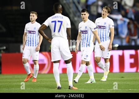 Genks Ruslan Malinovsky wurde während eines Fußballspiels zwischen dem spanischen Verein Real Club Celta de Vigo und der belgischen Mannschaft KRC Genk am Donnerstag, den 13. April 2017, in Vigo, Spanien, der ersten Etappe des Viertelfinals der Europa League, gezeigt. BELGA FOTO YORICK JANSENS Stockfoto