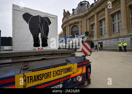 Die Abbildung zeigt die Installation des montierten Elefanten und der Giraffe vor der Wiedereröffnung des Königlichen Museums für Zentralafrika im Mai in Tervuren, Freitag, den 21. April 2017. Die Tierpräparate blieben während der Renovierungszeit des Museums in Technopolis und Autoworld. BELGA FOTO DIRK WAEM Stockfoto