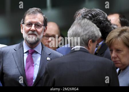 Der spanische Ministerpräsident Mariano Rajoy Brey nahm am Samstag, den 29. April 2017, auf einem EU-Gipfeltreffen zum Brexit am Sitz der Europäischen Union in Brüssel das Bild auf. BELGA-FOTOPOOL Frederic Sierakowski Stockfoto