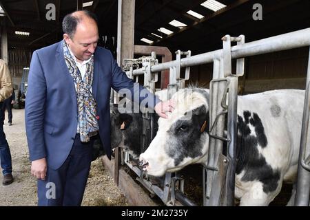 Der Minister für KMU, Unternehmer, Landwirtschaft und soziale Integration, Willy Borsus, zeigte sich bei einem Besuch eines Landwirts in Corroy-le-Grand am Dienstag, den 16. Mai 2017. BELGA FOTO ERIC LALMAND Stockfoto