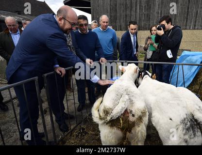 Belgischer Premierminister Charles Michel, Minister für KMU, Unternehmer, Landwirtschaft und soziale Integration Willy Borsus und Philippe Janssens, Foto bei einem Besuch eines Landwirts in Corroy-le-Grand am Dienstag, den 16. Mai 2017. BELGA FOTO ERIC LALMAND Stockfoto