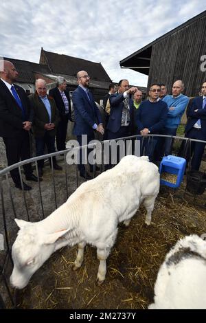 Belgischer Premierminister Charles Michel, Minister für KMU, Unternehmer, Landwirtschaft und soziale Integration Willy Borsus und Philippe Janssens, Foto bei einem Besuch eines Landwirts in Corroy-le-Grand am Dienstag, den 16. Mai 2017. BELGA FOTO ERIC LALMAND Stockfoto